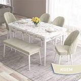 Canisa Roz Serisi 80x132 Açılabilir Beyaz Mermer Desen 4 Krem Sandalye ve 1 Bench Krem Masa Takımı