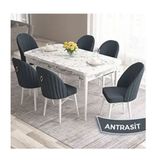 Canisa Roz Serisi 80x132 Açılabilir Beyaz Mermer Desen Masa Takımı ve 6 Adet Antrasit Sandalye