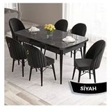 Canisa Roz Serisi 80x132 Açılabilir Siyah Mermer Desen Masa Takımı ve 6 Adet Siyah Sandalye