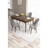 Canisa Roz Serisi 80x132 Mdf Açılabilir Barok Ahşap Desen Mutfak Masası Takımı 4 Gri Sandalye Gold Halka Kahverengi
