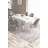 Canisa Roz Serisi 80x132 Mdf Açılabilir Beyaz Mutfak Masası Takımı 6 Gold Halkalı Gri Sandalye