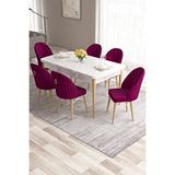 Canisa Roz Serisi 80x132 Mdf Beyaz Doğal Ahşap Ayaklı Masa Takımı Ve 6 Mürdüm Sandalye