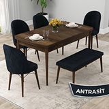 Canisa Rut Serisi 80x132 Açılabilir Barok Ahşap Desen Mutfak Masası Takımı ve 4 Antrasit Sandalye ve Antrasit 1 Bench
