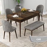 Canisa Rut Serisi 80x132 Açılabilir Barok Ahşap Desen Mutfak Masası Takımı ve 4 Gri Sandalye ve Gri 1 Bench