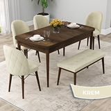 Canisa Rut Serisi 80x132 Açılabilir Barok Ahşap Desen Mutfak Masası Takımı ve 4 Krem Sandalye ve Krem 1 Bench