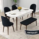 Canisa Rut Serisi 80x132 Açılabilir Beyaz Masa Ceviz Ayak Mutfak Masası Takımı ve 4 Antrasit Sandalye ve Antrasit 1 Bench