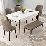 Canisa Rut Serisi 80x132 Açılabilir Beyaz Masa Ceviz Ayak Mutfak Masası Takımı ve 4 Cappucino Sandalye ve Cappucino 1 Bench