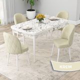 Canisa Rut Serisi 80x132 Açılabilir Beyaz Mermer Desen Mutfak Masası Takımı ve 4 Adet Krem Sandalye
