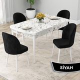 Canisa Rut Serisi 80x132 Açılabilir Beyaz Mermer Desen Mutfak Masası Takımı ve 4 Adet Siyah Sandalye
