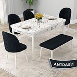 Canisa Rut Serisi 80x132 Açılabilir Beyaz Mermer Desen Mutfak Masası Takımı ve 4 Antrasit Sandalye ve Antrasit 1 Bench