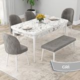 Canisa Rut Serisi 80x132 Açılabilir Beyaz Mermer Desen Mutfak Masası Takımı ve 4 Gri Sandalye ve Gri 1 Bench