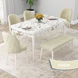 Canisa Rut Serisi 80x132 Açılabilir Beyaz Mermer Desen Mutfak Masası Takımı ve 4 Krem Sandalye ve Krem 1 Bench