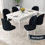 Canisa Rut Serisi 80x132 Açılabilir Beyaz Mermer Desen Mutfak Masası Takımı ve 6 Adet Antrasit Sandalye