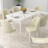 Canisa Rut Serisi 80x132 Açılabilir Beyaz Mermer Desen Mutfak Masası Takımı ve 6 Adet Krem Sandalye