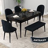 Canisa Rut Serisi 80x132 Açılabilir Siyah Mermer Desen Mutfak Masası Takımı ve 4 Antrasit Sandalye ve Antrasit 1 Bench