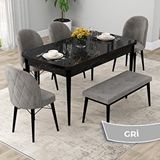 Canisa Rut Serisi 80x132 Açılabilir Siyah Mermer Desen Mutfak Masası Takımı ve 4 Gri Sandalye ve Gri 1 Bench