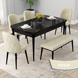 Canisa Rut Serisi 80x132 Açılabilir Siyah Mermer Desen Mutfak Masası Takımı ve 4 Krem Sandalye ve Krem 1 Bench