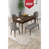 Canisa Rut Serisi Açılabilir Mdf 80x132 Barok Ahşap Desen Mutfak Masası Takımı 4 Gri Sandalye 1 Bench Kahverengi
