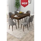 Canisa Rut Serisi Açılabilir Mdf 80x132 Barok Ahşap Desen Mutfak Masası Takımı Ve 6 Gri Sandalye Kahverengi
