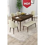 Canisa Rut Serisi Açılabilir Mdf 80x132 Barok Ahşap Desen Yemek Odası Takımı 4 Krem Sandalye 1 Bench Kahverengi