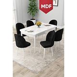 Canisa Rut Serisi Açılabilir Mdf 80x132 Beyaz Masa Yemek Odası Takımı Ve 6 Siyah Sandalye