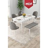 Canisa Rut Serisi Açılabilir Mdf 80x132 Beyaz Mermer Desen Mutfak Masası Takımı 4 Gri Sandalye 1 Bench