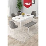 Canisa Rut Serisi Açılabilir Mdf 80x132 Beyaz Mutfak Masası Takımı 4 Gri Sandalye 1 Bench