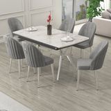 Canisa Sim Serisi 89X150 Açılabilir Lak Panel Beyaz Mermer Desen Masa Takımı 6 Sandalye - Gri