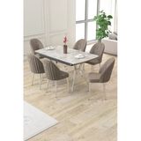 Canisa Sim Serisi 89x150 Açılabilir Lak Panel Rampla Gri Krom Ayak Masa Takımı Ve 6 Cappucino Sandalye