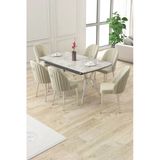 Canisa Sim Serisi 89x150 Açılabilir Lak Panel Rampla Gri Krom Ayak Masa Takımı Ve 6 Krem Sandalye