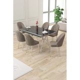 Canisa Sim Serisi 89X150 Açılabilir Lak Panel Siyah Mermer Krom Ayak Masa Takımı Ve 6 Cappucino Sandalye