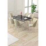 Canisa Sim Serisi 89X150 Açılabilir Lak Panel Siyah Mermer Krom Ayak Masa Takımı Ve 6 Krem Sandalye