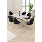Canisa Sim Serisi 90x160 cm Açılabilir Lak Panel Rampla Gri Masa Takımı, 6 Siyah Sandalye, Krom Ayak
