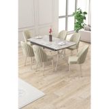 Canisa Sim Serisi 90x160 cm Açılabilir Masa Takımı, Rampla Gri, Krom Ayak, 6 Krem Sandalye