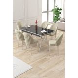 Canisa Sim Serisi 90x160 cm Açılabilir Siyah Mermer Masa Takımı, Krom Ayak, 6 Krem Sandalye