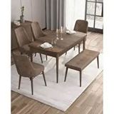 Canisa Taç Serisi 4 Sandalye Gümüş Halkalı 1 Bench Kahverengi 80x132 Açılabilir Barok Ahşap Desen Mutfak Masası Takımı