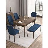 Canisa Taç Serisi 4 Sandalye Gümüş Halkalı 1 Bench Lacivert 80x132 Açılabilir Barok Ahşap Desen Mutfak Masası Takımı