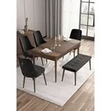Canisa Taç Serisi 4 Sandalye Gümüş Halkalı 1 Bench Siyah 80x132 Açılabilir Barok Ahşap Desen Mutfak Masası Takımı