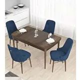 Canisa Taç Serisi 4 Sandalye Gümüş Halkalı Lacivert 80x132 Açılabilir Barok Ahşap Desen Mutfak Masası Takımı