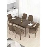 Canisa Taç Serisi 6 Sandalye Gold Halkalı Kahverengi 80x132 Açılabilir Barok Ahşap Desen Mutfak Masası Takımı