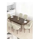 Canisa Taç Serisi 6 Sandalye Gold Halkalı Krem 80x132 Açılabilir Barok Ahşap Desen Mutfak Masası Takımı