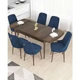 Canisa Taç Serisi 6 Sandalye Gold Halkalı Lacivert 80x132 Açılabilir Barok Ahşap Desen Mutfak Masası Takımı