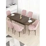 Canisa Taç Serisi 6 Sandalye Gold Halkalı Pembe 80x132 Açılabilir Barok Ahşap Desen Mutfak Masası Takımı