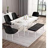 Canisa Taç Serisi 80x132 Açılabilir Beyaz Mermer Desen Masa Takımı 4 Sandalye Gold Halkalı ve Siyah 1 Bench
