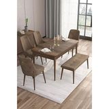 Canisa Taç Serisi 80x132 cm Açılabilir Barok Ahşap Desen 4 Sandalye Gold Halkalı 1 Bench Kahverengi Mutfak Masası Takımı