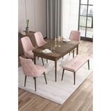 Canisa Taç Serisi 80x132 cm Açılabilir Barok Ahşap Desen 4 Sandalye Gold Halkalı 1 Bench Pembe Mutfak Masası Takımı