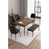 Canisa Taç Serisi 80x132 cm Açılabilir Barok Ahşap Desen 4 Sandalye Gold Halkalı 1 Bench Siyah Mutfak Masası Takımı