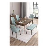 Canisa Taç Serisi 80x132 cm Açılabilir Barok Ahşap Desen 4 Sandalye Gold Halkalı 1 Bench Su Yeşili Mutfak Masası Takımı