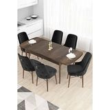 Canisa Taç Serisi 80x132 cm Açılabilir Barok Ahşap Desen 6 Sandalye Gold Halkalı Siyah Mutfak Masası Takımı