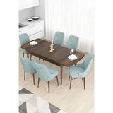 Canisa Taç Serisi 80x132 cm Açılabilir Barok Ahşap Desen 6 Sandalye Gold Halkalı Su Yeşili Mutfak Masası Takımı